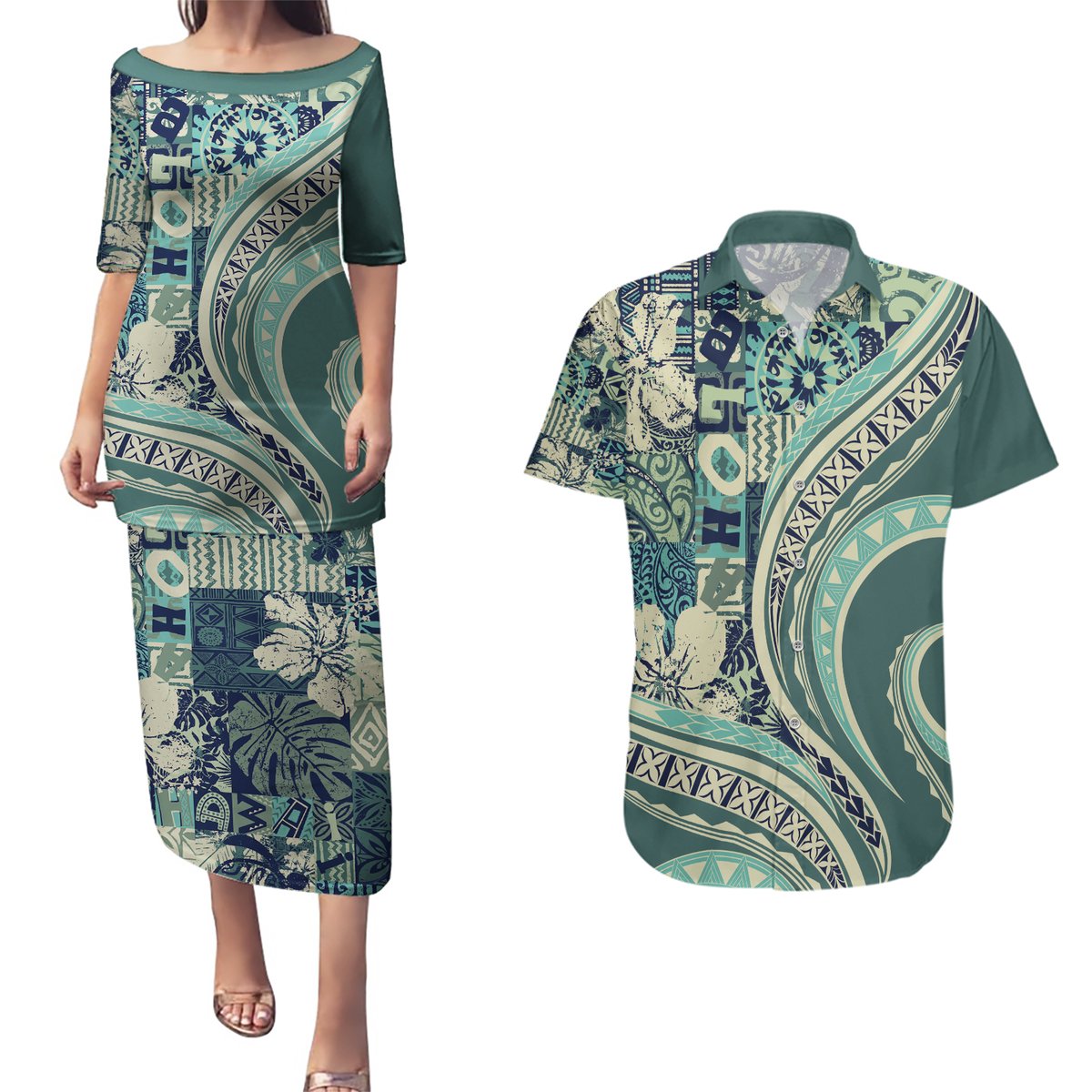 Hawaiian Hibiscus Tribal Vintage Motif Couples Matching Puletasi and Hawaiian Shirt Ver 1 LT9 Sea Green - Polynesian Pride