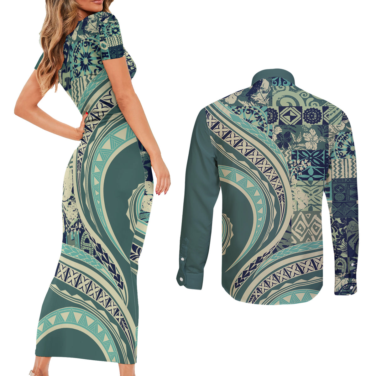 Hawaiian Hibiscus Tribal Vintage Motif Couples Matching Short Sleeve Bodycon Dress and Long Sleeve Button Shirt Ver 1 LT9 - Polynesian Pride