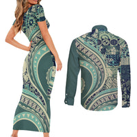 Hawaiian Hibiscus Tribal Vintage Motif Couples Matching Short Sleeve Bodycon Dress and Long Sleeve Button Shirt Ver 1 LT9 - Polynesian Pride