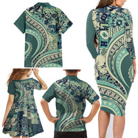 Hawaiian Hibiscus Tribal Vintage Motif Family Matching Long Sleeve Bodycon Dress and Hawaiian Shirt Ver 1 LT9 - Polynesian Pride