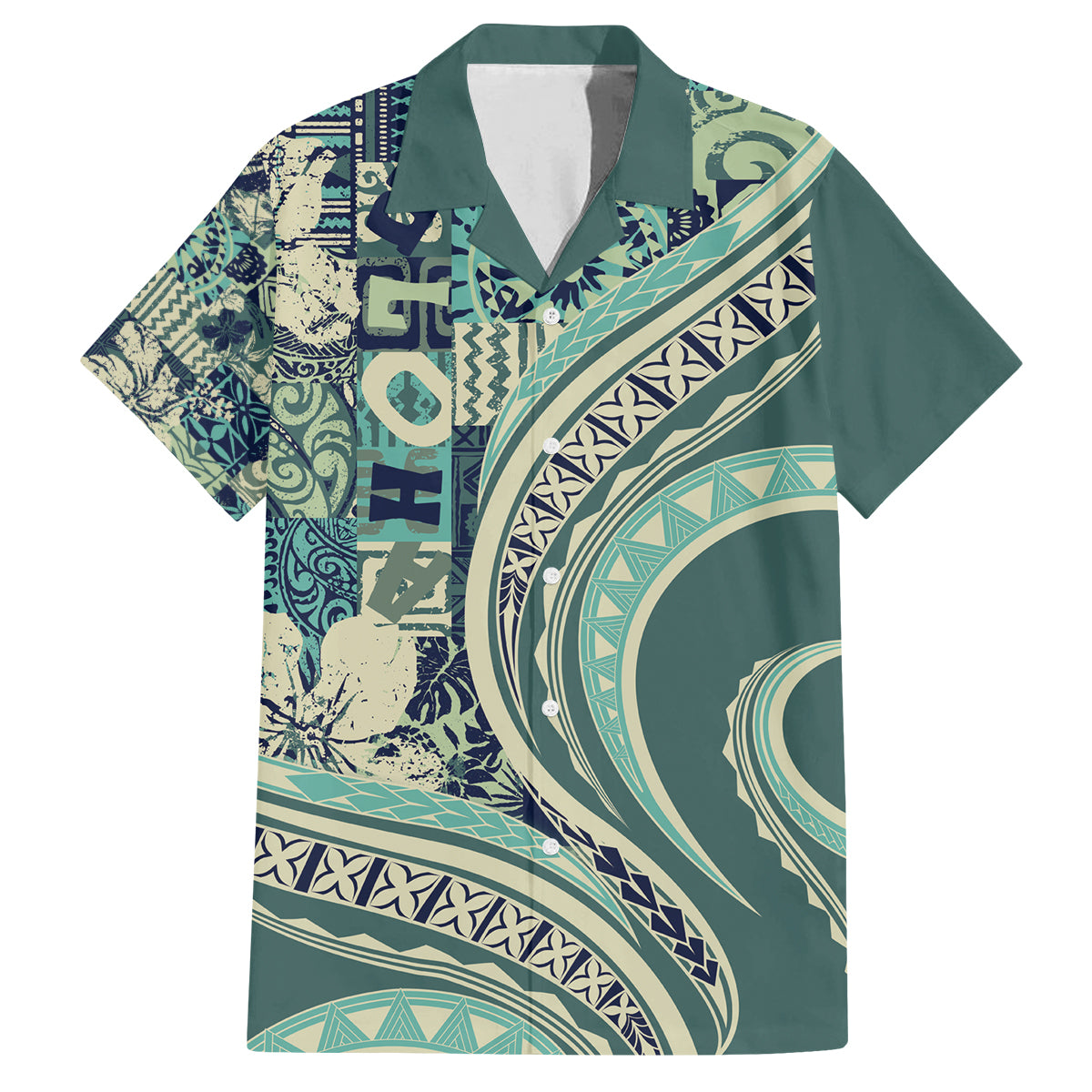 Hawaiian Hibiscus Tribal Vintage Motif Family Matching Long Sleeve Bodycon Dress and Hawaiian Shirt Ver 1 LT9 Dad's Shirt - Short Sleeve Sea Green - Polynesian Pride