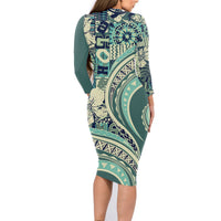 Hawaiian Hibiscus Tribal Vintage Motif Family Matching Long Sleeve Bodycon Dress and Hawaiian Shirt Ver 1 LT9 - Polynesian Pride