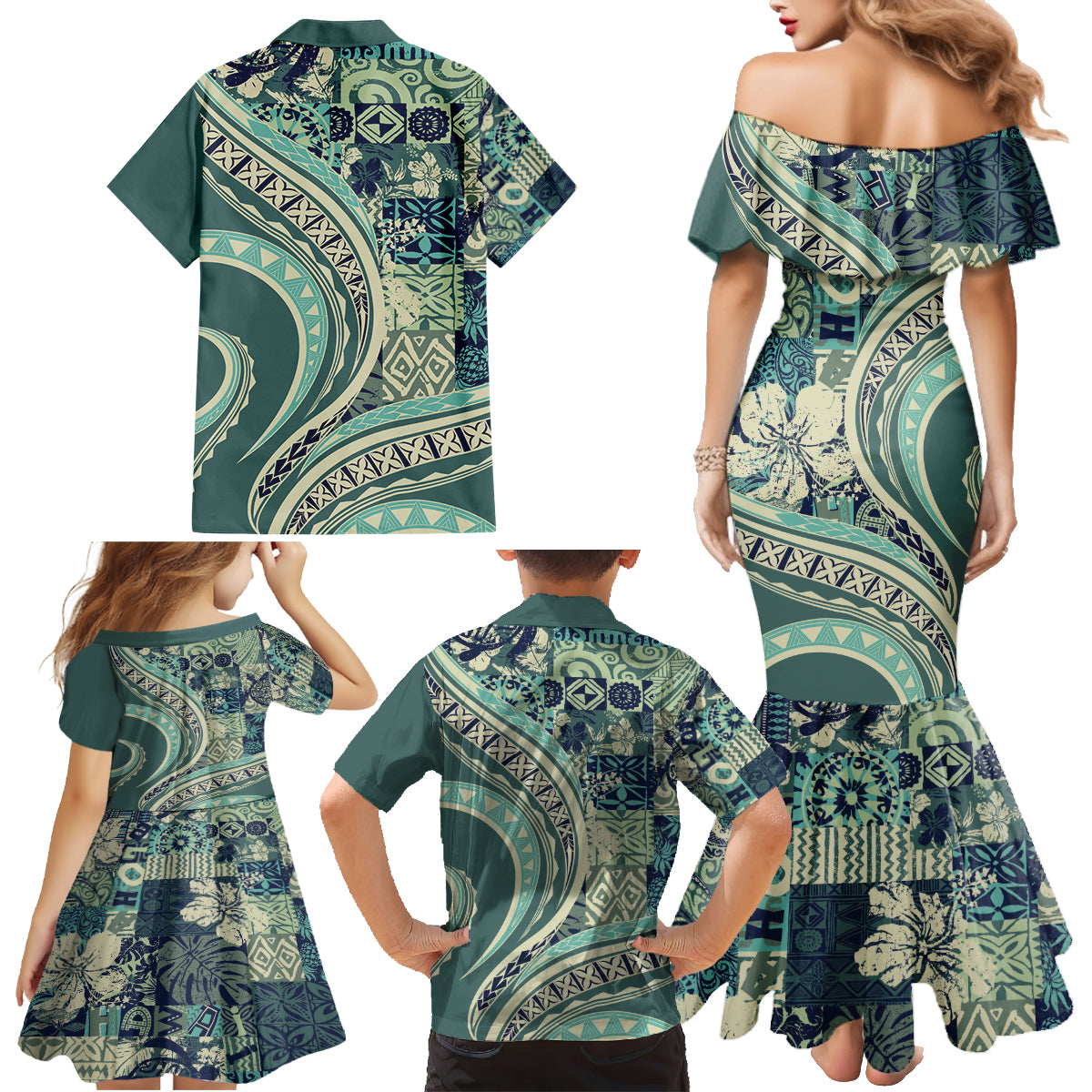 Hawaiian Hibiscus Tribal Vintage Motif Family Matching Mermaid Dress and Hawaiian Shirt Ver 1 LT9 - Polynesian Pride