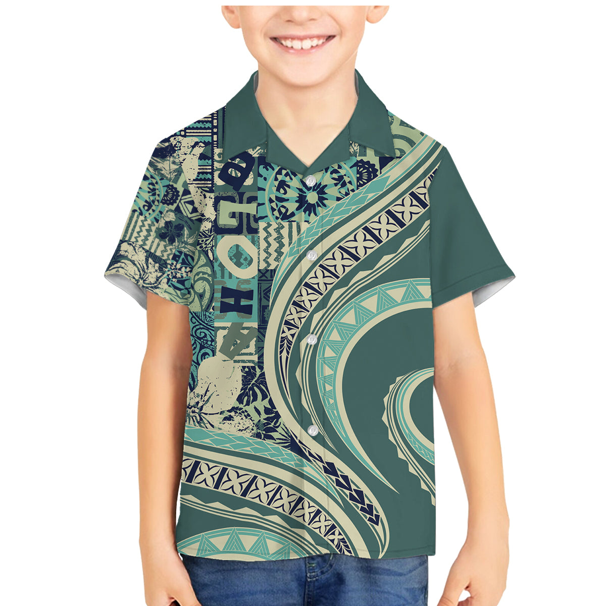 Hawaiian Hibiscus Tribal Vintage Motif Family Matching Mermaid Dress and Hawaiian Shirt Ver 1 LT9 Son's Shirt Sea Green - Polynesian Pride