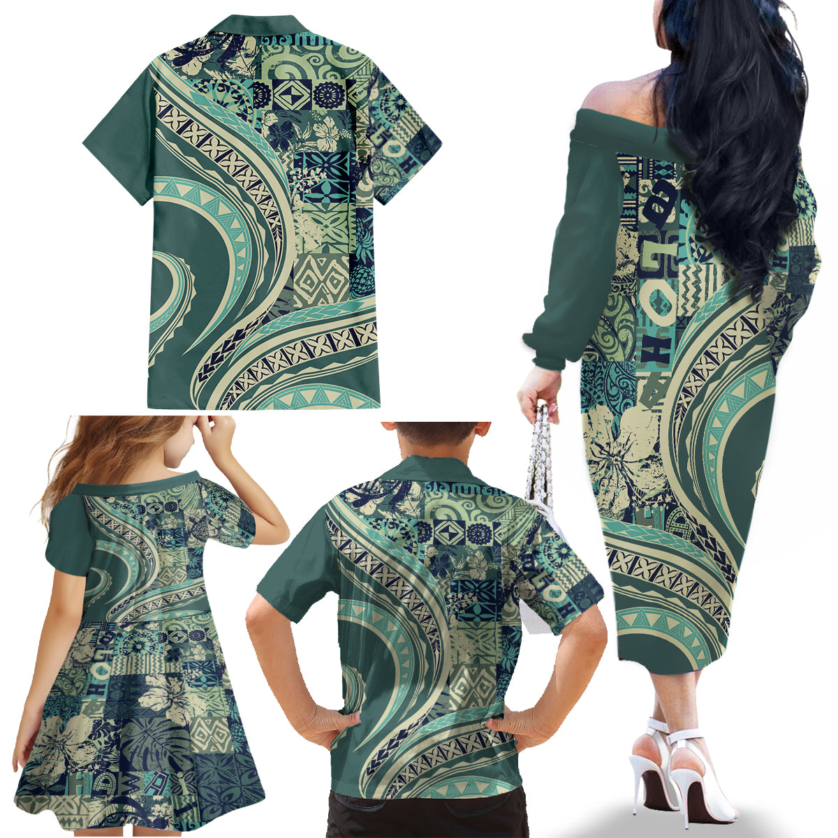Hawaiian Hibiscus Tribal Vintage Motif Family Matching Off The Shoulder Long Sleeve Dress and Hawaiian Shirt Ver 1 LT9 - Polynesian Pride