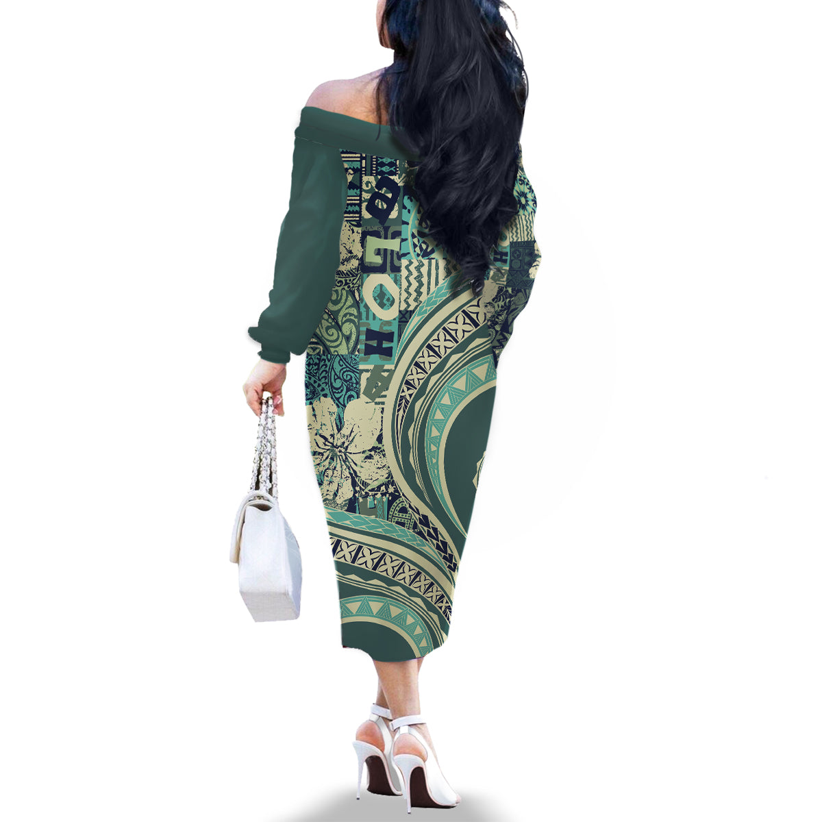 Hawaiian Hibiscus Tribal Vintage Motif Family Matching Off The Shoulder Long Sleeve Dress and Hawaiian Shirt Ver 1 LT9 - Polynesian Pride