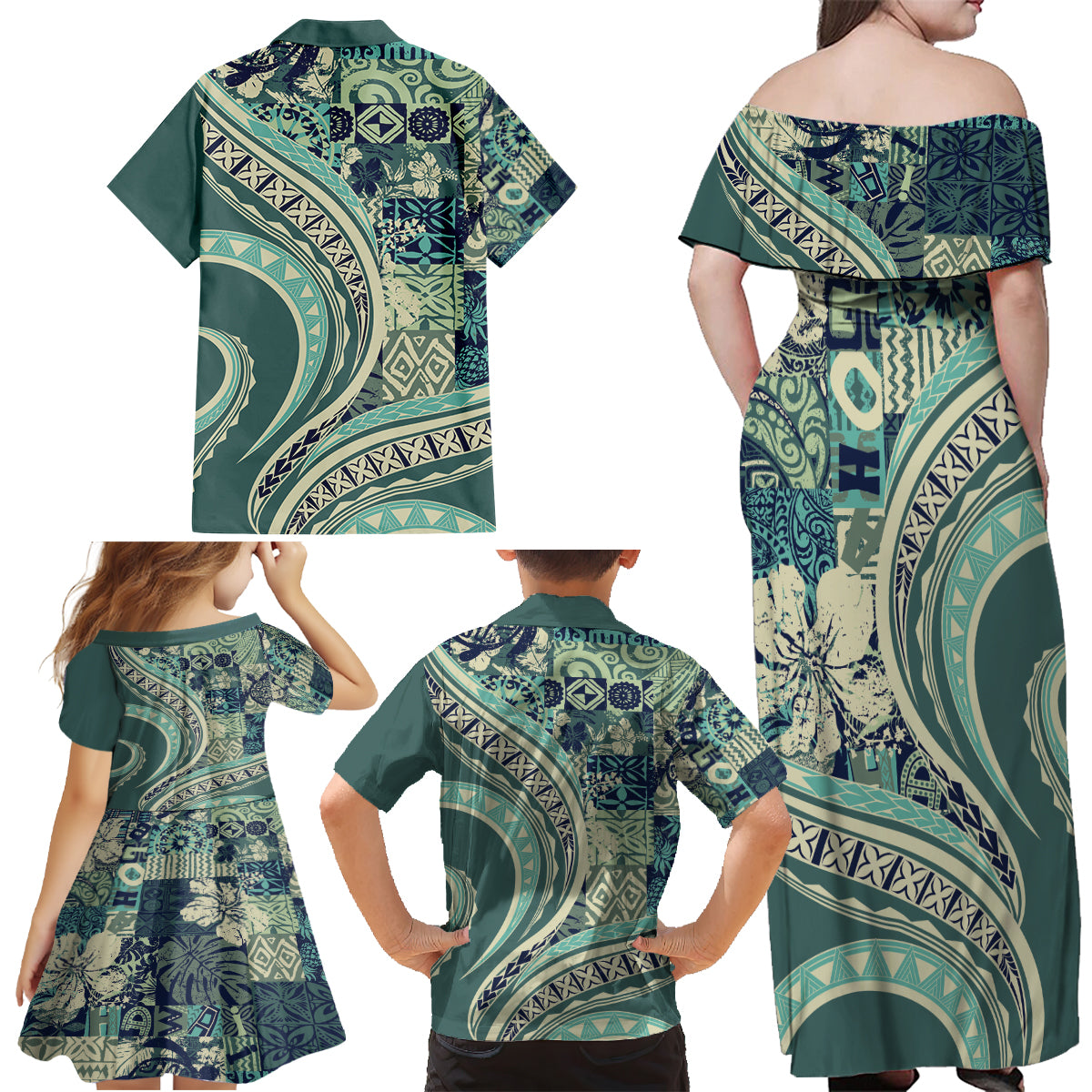 Hawaiian Hibiscus Tribal Vintage Motif Family Matching Off Shoulder Maxi Dress and Hawaiian Shirt Ver 1 LT9 - Polynesian Pride