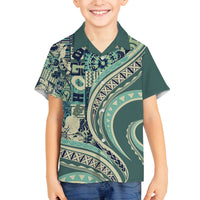 Hawaiian Hibiscus Tribal Vintage Motif Family Matching Off Shoulder Maxi Dress and Hawaiian Shirt Ver 1 LT9 Son's Shirt Sea Green - Polynesian Pride