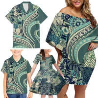 Hawaiian Hibiscus Tribal Vintage Motif Family Matching Off Shoulder Short Dress and Hawaiian Shirt Ver 1 LT9 - Polynesian Pride
