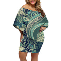 Hawaiian Hibiscus Tribal Vintage Motif Family Matching Off Shoulder Short Dress and Hawaiian Shirt Ver 1 LT9 Mom's Dress Sea Green - Polynesian Pride