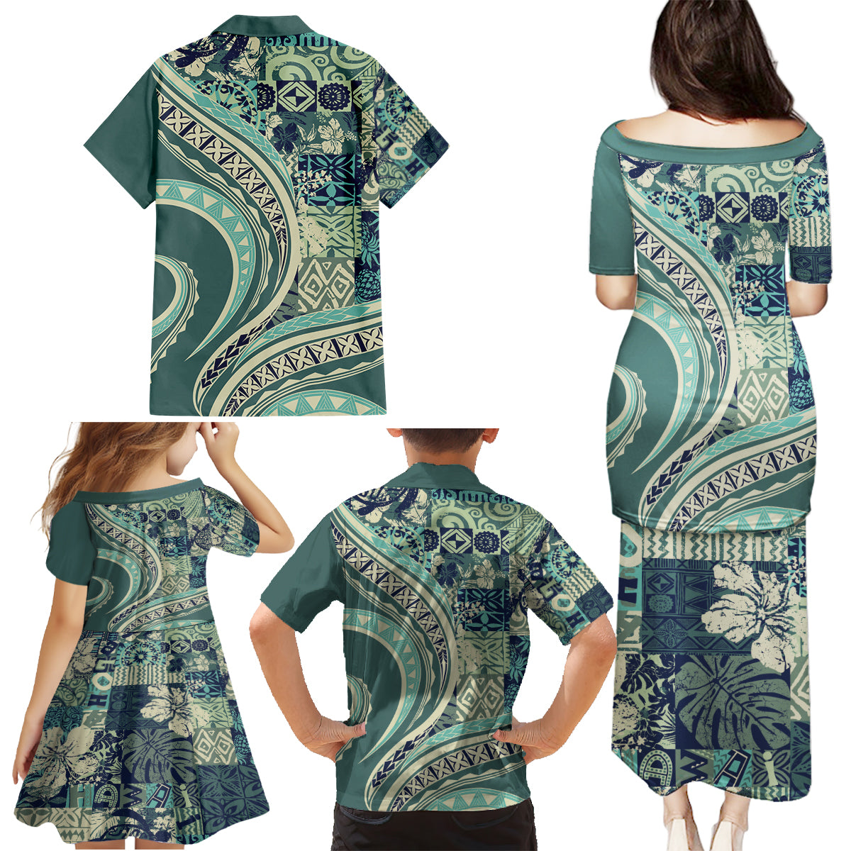 Hawaiian Hibiscus Tribal Vintage Motif Family Matching Puletasi and Hawaiian Shirt Ver 1 LT9 - Polynesian Pride