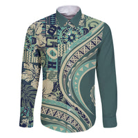 Hawaiian Hibiscus Tribal Vintage Motif Family Matching Puletasi and Hawaiian Shirt Ver 1 LT9 Dad's Shirt - Long Sleeve Sea Green - Polynesian Pride