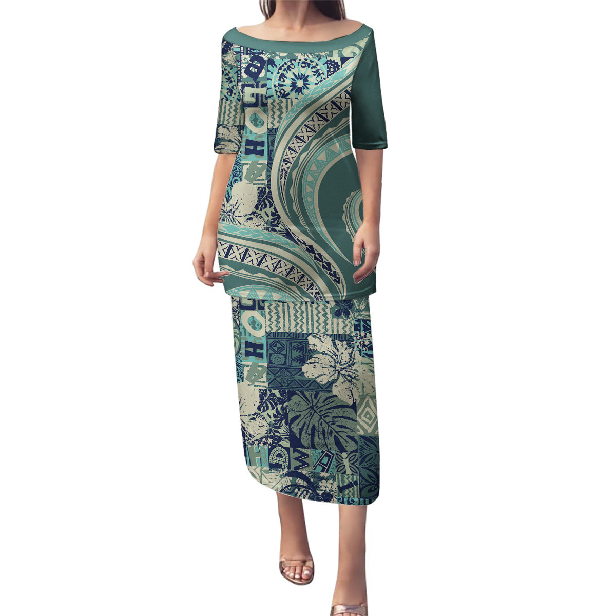 Hawaiian Hibiscus Tribal Vintage Motif Family Matching Puletasi and Hawaiian Shirt Ver 1 LT9 Mom's Dress Sea Green - Polynesian Pride