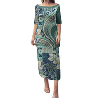 Hawaiian Hibiscus Tribal Vintage Motif Family Matching Puletasi and Hawaiian Shirt Ver 1 LT9 Mom's Dress Sea Green - Polynesian Pride