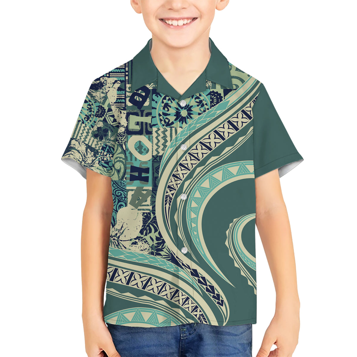 Hawaiian Hibiscus Tribal Vintage Motif Family Matching Short Sleeve Bodycon Dress and Hawaiian Shirt Ver 1 LT9 Son's Shirt Sea Green - Polynesian Pride