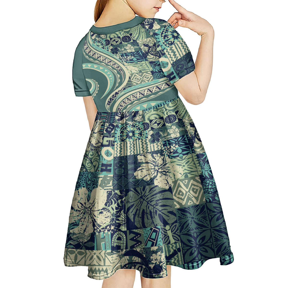 Hawaiian Hibiscus Tribal Vintage Motif Kid Short Sleeve Dress Ver 1 LT9 - Polynesian Pride