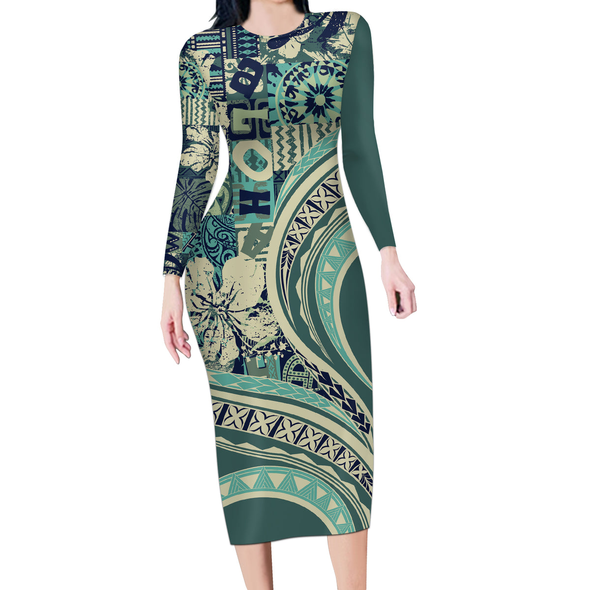 Hawaiian Hibiscus Tribal Vintage Motif Long Sleeve Bodycon Dress Ver 1 LT9 Long Dress Sea Green - Polynesian Pride
