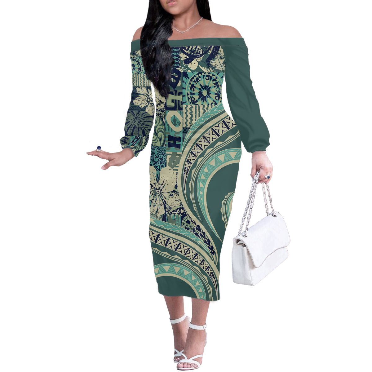 Hawaiian Hibiscus Tribal Vintage Motif Off The Shoulder Long Sleeve Dress Ver 1 LT9 Women Sea Green - Polynesian Pride