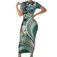 Hawaiian Hibiscus Tribal Vintage Motif Short Sleeve Bodycon Dress Ver 1 LT9 Long Dress Sea Green - Polynesian Pride