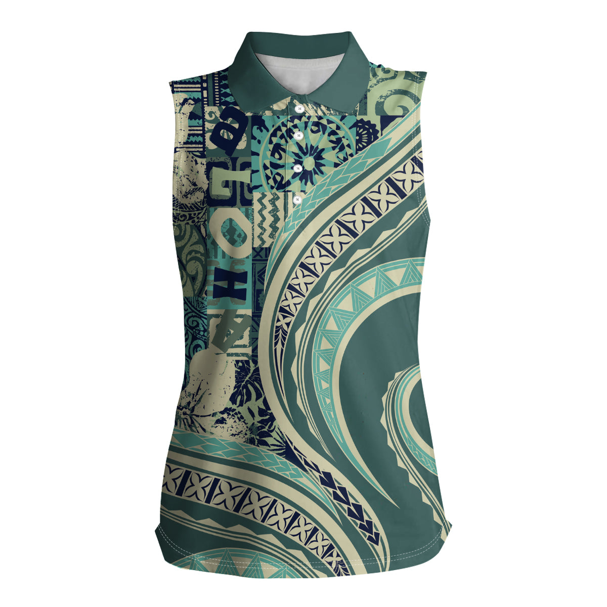 Hawaiian Hibiscus Tribal Vintage Motif Women Sleeveless Polo Shirt Ver 1 LT9 Female Sea Green - Polynesian Pride