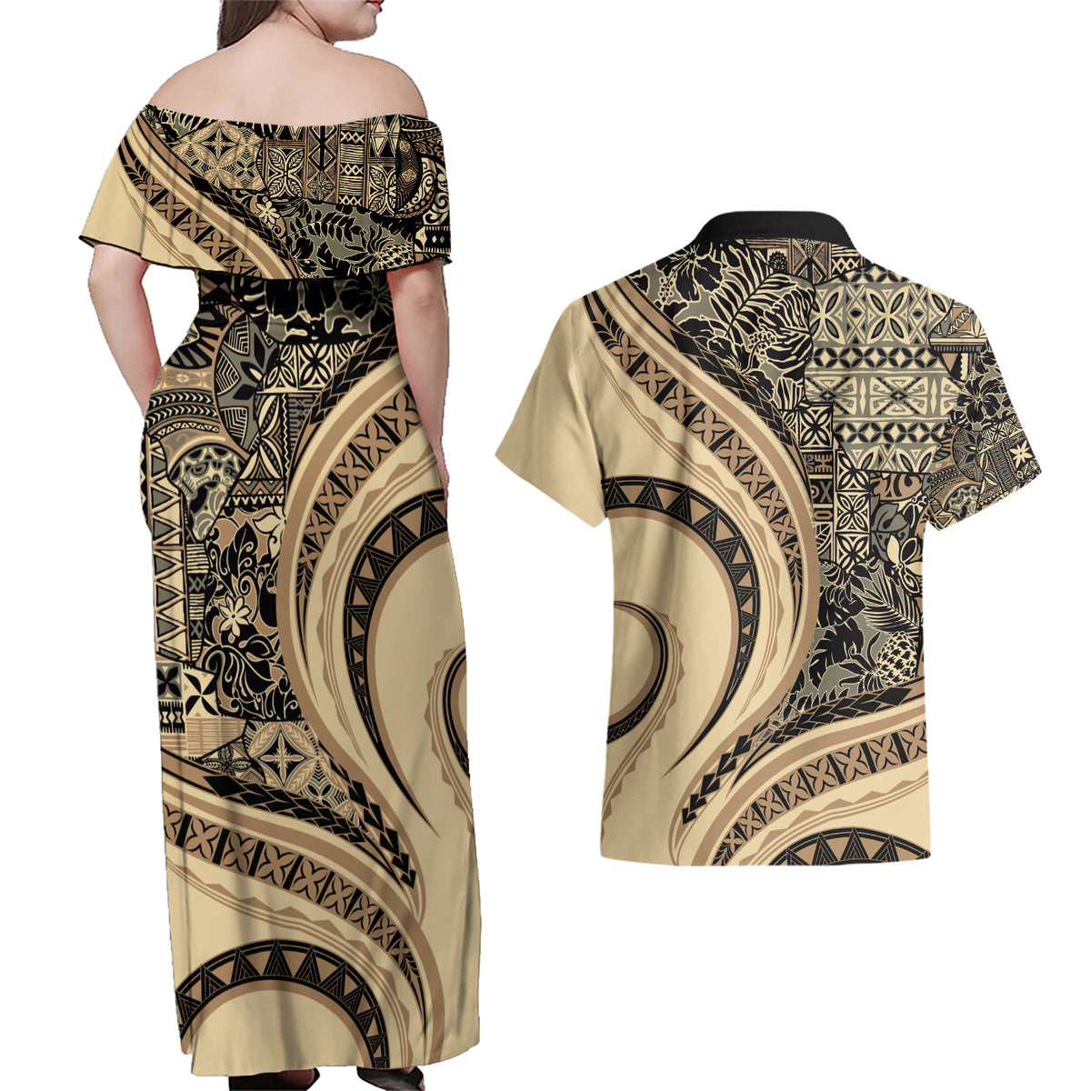 Hawaiian Hibiscus Tribal Vintage Motif Couples Matching Off Shoulder Maxi Dress and Hawaiian Shirt Ver 2 LT9 - Polynesian Pride