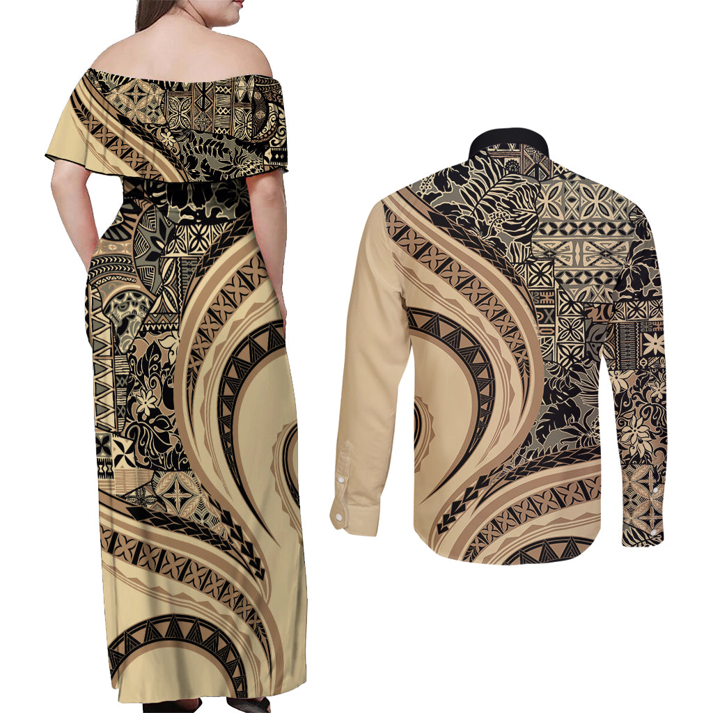 Hawaiian Hibiscus Tribal Vintage Motif Couples Matching Off Shoulder Maxi Dress and Long Sleeve Button Shirt Ver 2 LT9 - Polynesian Pride