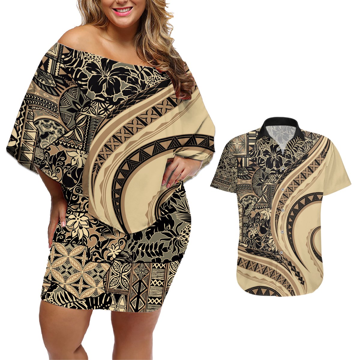 Hawaiian Hibiscus Tribal Vintage Motif Couples Matching Off Shoulder Short Dress and Hawaiian Shirt Ver 2 LT9 Beige - Polynesian Pride