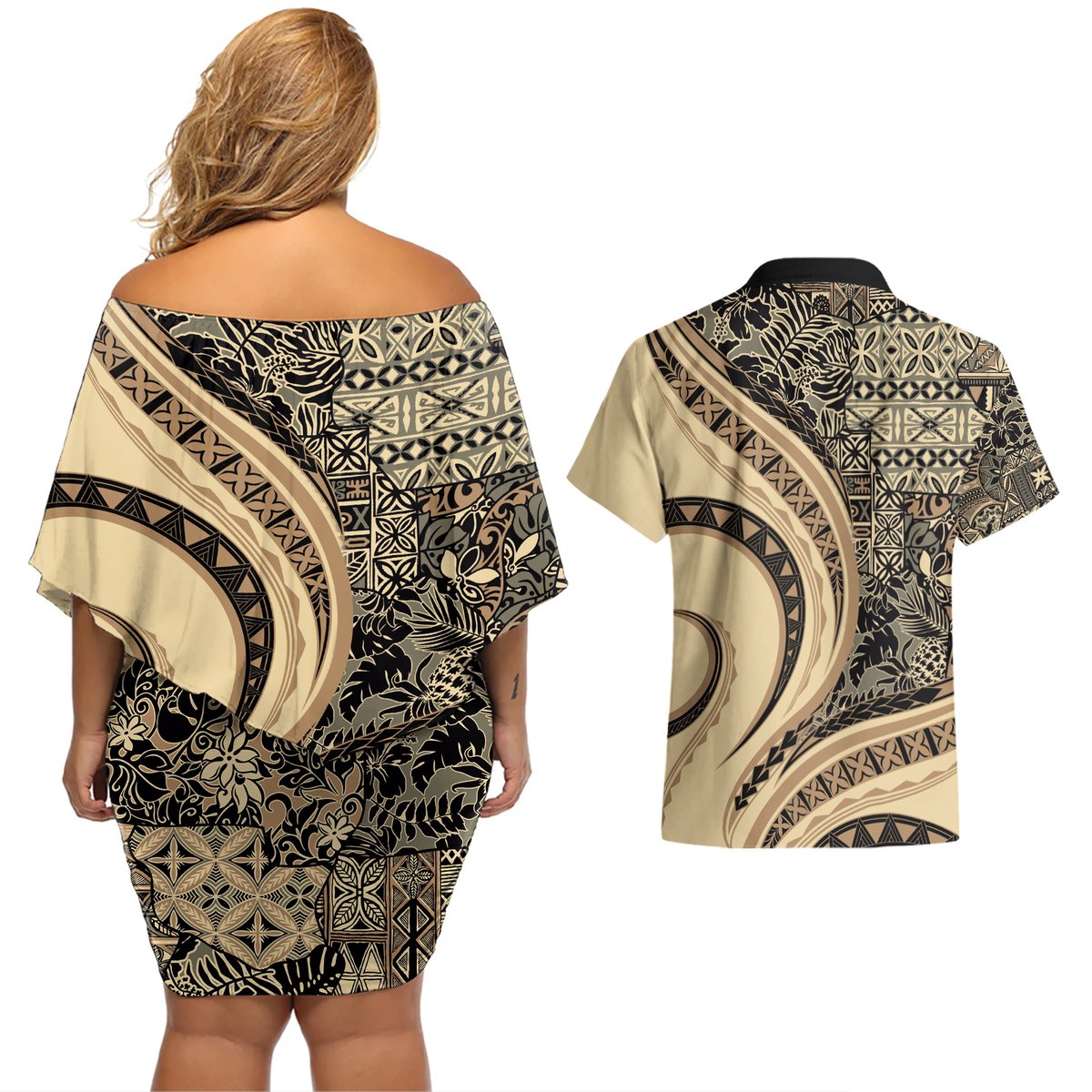 Hawaiian Hibiscus Tribal Vintage Motif Couples Matching Off Shoulder Short Dress and Hawaiian Shirt Ver 2 LT9 - Polynesian Pride
