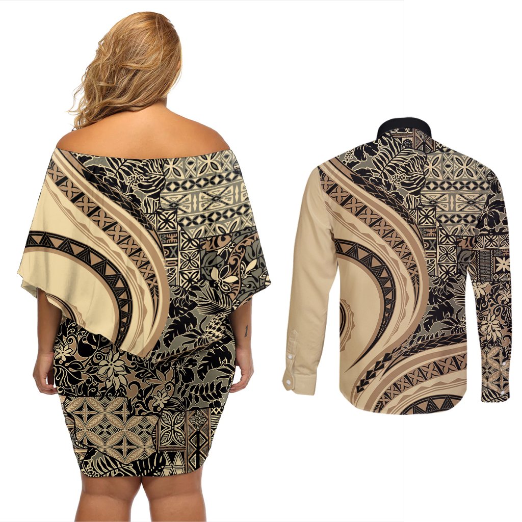 Hawaiian Hibiscus Tribal Vintage Motif Couples Matching Off Shoulder Short Dress and Long Sleeve Button Shirt Ver 2 LT9 - Polynesian Pride