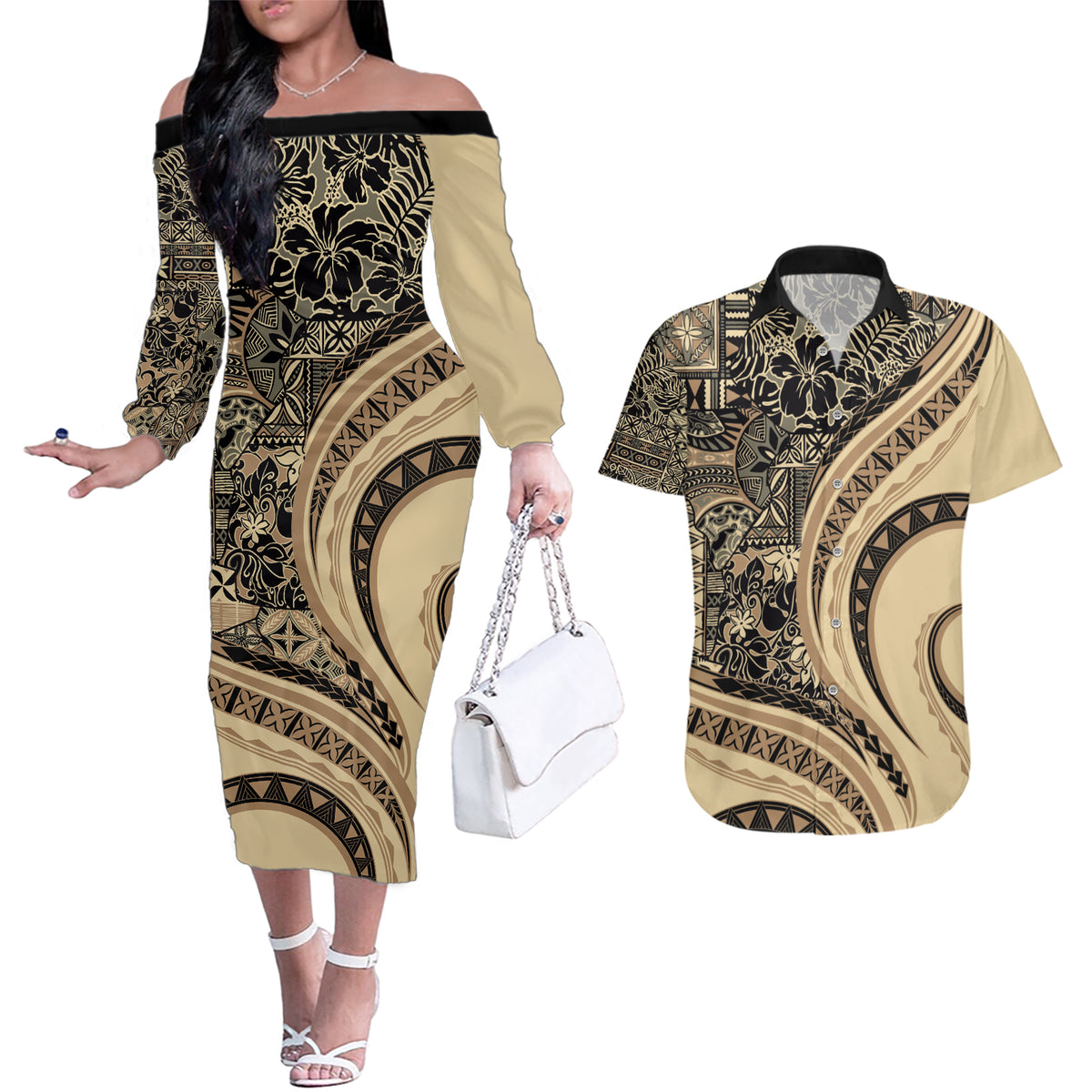 Hawaiian Hibiscus Tribal Vintage Motif Couples Matching Off The Shoulder Long Sleeve Dress and Hawaiian Shirt Ver 2 LT9 Beige - Polynesian Pride