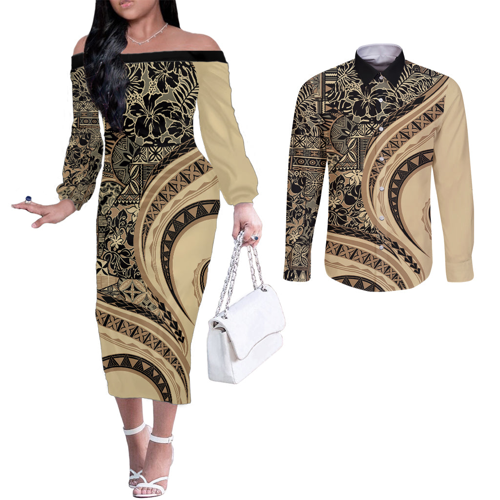 Hawaiian Hibiscus Tribal Vintage Motif Couples Matching Off The Shoulder Long Sleeve Dress and Long Sleeve Button Shirt Ver 2 LT9 Beige - Polynesian Pride