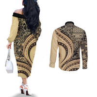 Hawaiian Hibiscus Tribal Vintage Motif Couples Matching Off The Shoulder Long Sleeve Dress and Long Sleeve Button Shirt Ver 2 LT9 - Polynesian Pride