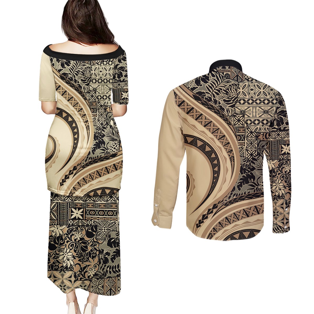 Hawaiian Hibiscus Tribal Vintage Motif Couples Matching Puletasi and Long Sleeve Button Shirt Ver 2 LT9 - Polynesian Pride