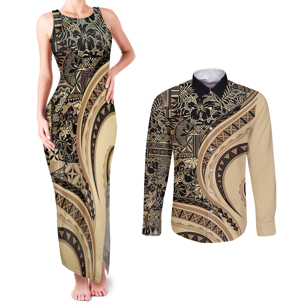 Hawaiian Hibiscus Tribal Vintage Motif Couples Matching Tank Maxi Dress and Long Sleeve Button Shirt Ver 2 LT9 Beige - Polynesian Pride