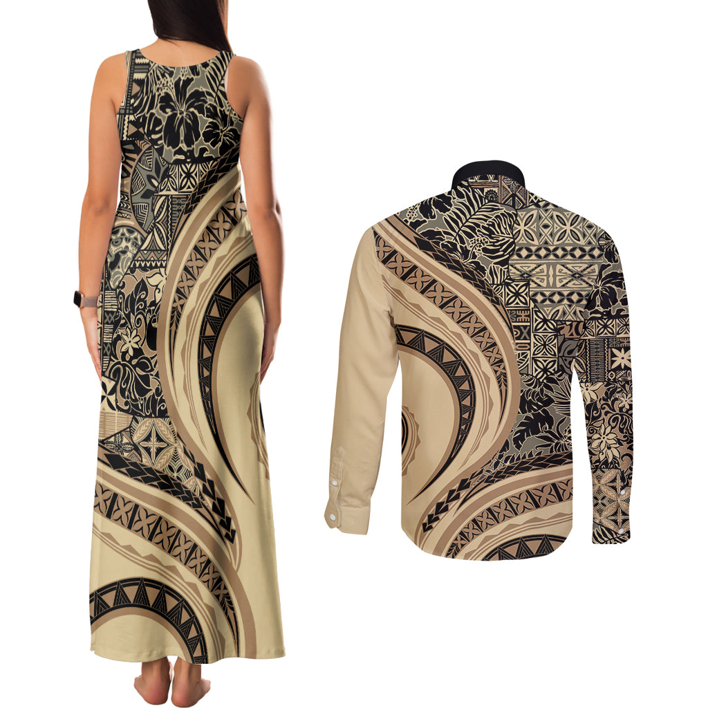 Hawaiian Hibiscus Tribal Vintage Motif Couples Matching Tank Maxi Dress and Long Sleeve Button Shirt Ver 2 LT9 - Polynesian Pride
