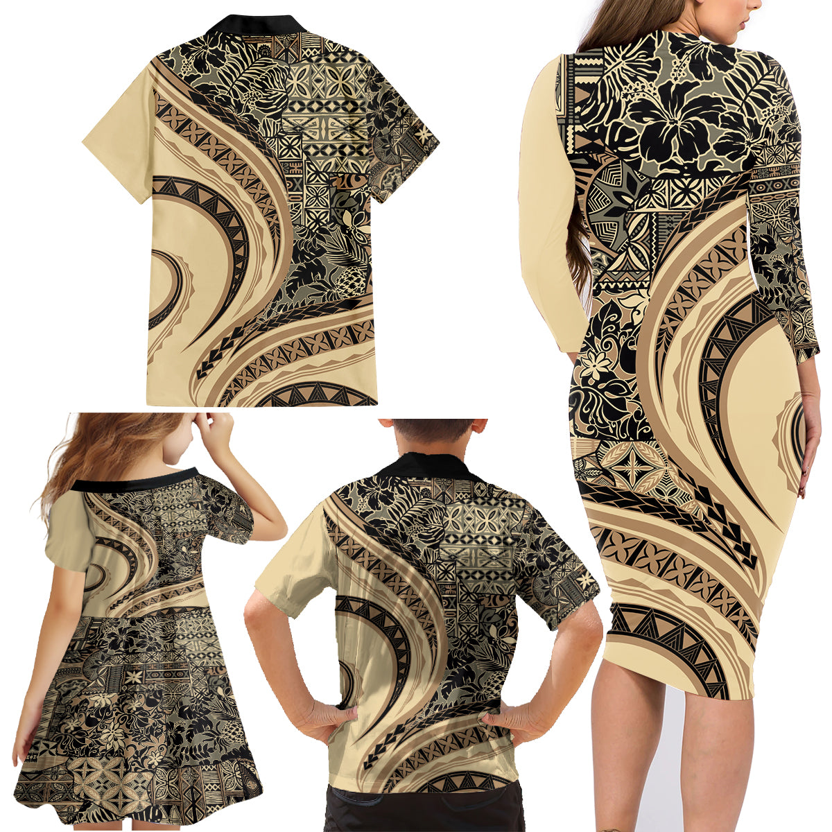 Hawaiian Hibiscus Tribal Vintage Motif Family Matching Long Sleeve Bodycon Dress and Hawaiian Shirt Ver 2 LT9 - Polynesian Pride