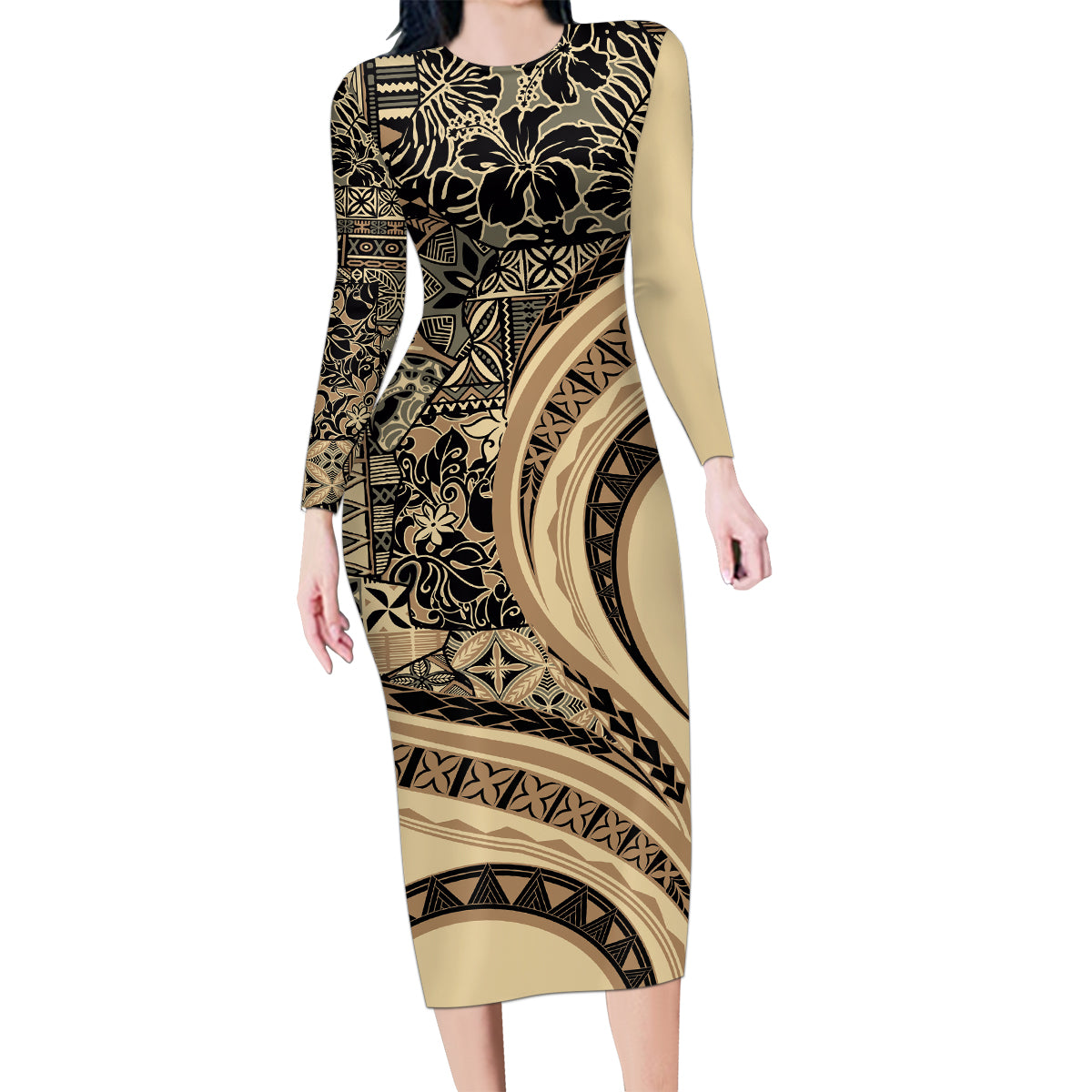Hawaiian Hibiscus Tribal Vintage Motif Family Matching Long Sleeve Bodycon Dress and Hawaiian Shirt Ver 2 LT9 Mom's Dress Beige - Polynesian Pride