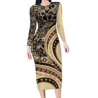 Hawaiian Hibiscus Tribal Vintage Motif Family Matching Long Sleeve Bodycon Dress and Hawaiian Shirt Ver 2 LT9 Mom's Dress Beige - Polynesian Pride