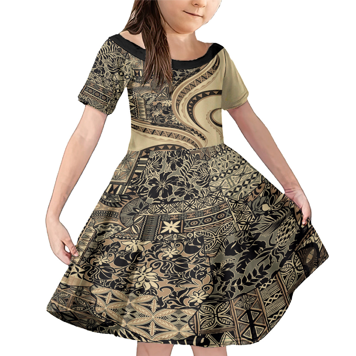 Hawaiian Hibiscus Tribal Vintage Motif Family Matching Mermaid Dress and Hawaiian Shirt Ver 2 LT9 Daughter's Dress Beige - Polynesian Pride