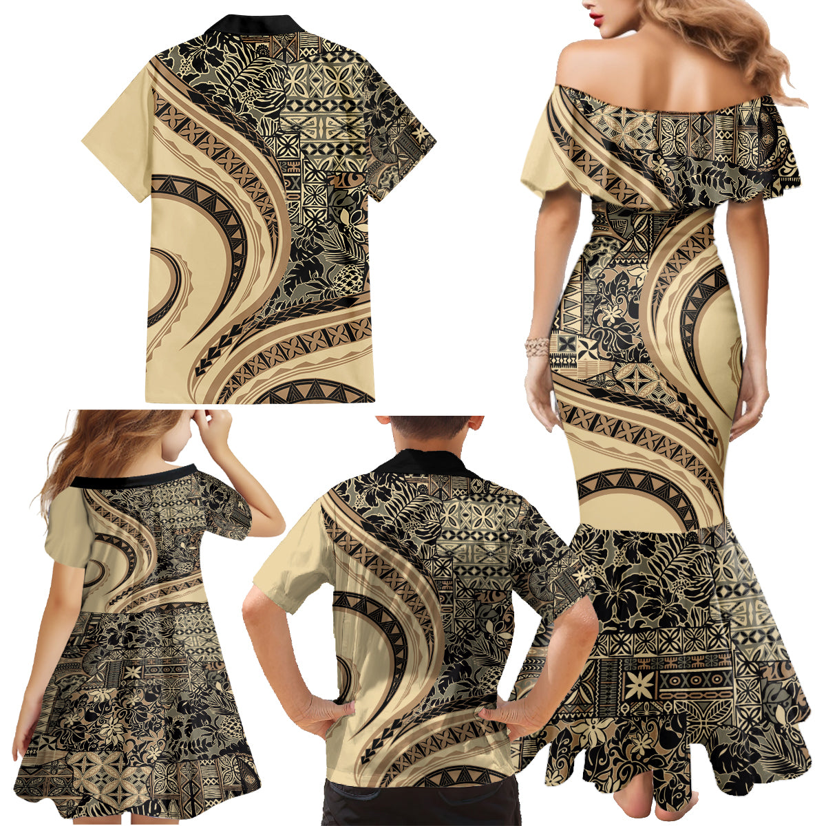 Hawaiian Hibiscus Tribal Vintage Motif Family Matching Mermaid Dress and Hawaiian Shirt Ver 2 LT9 - Polynesian Pride
