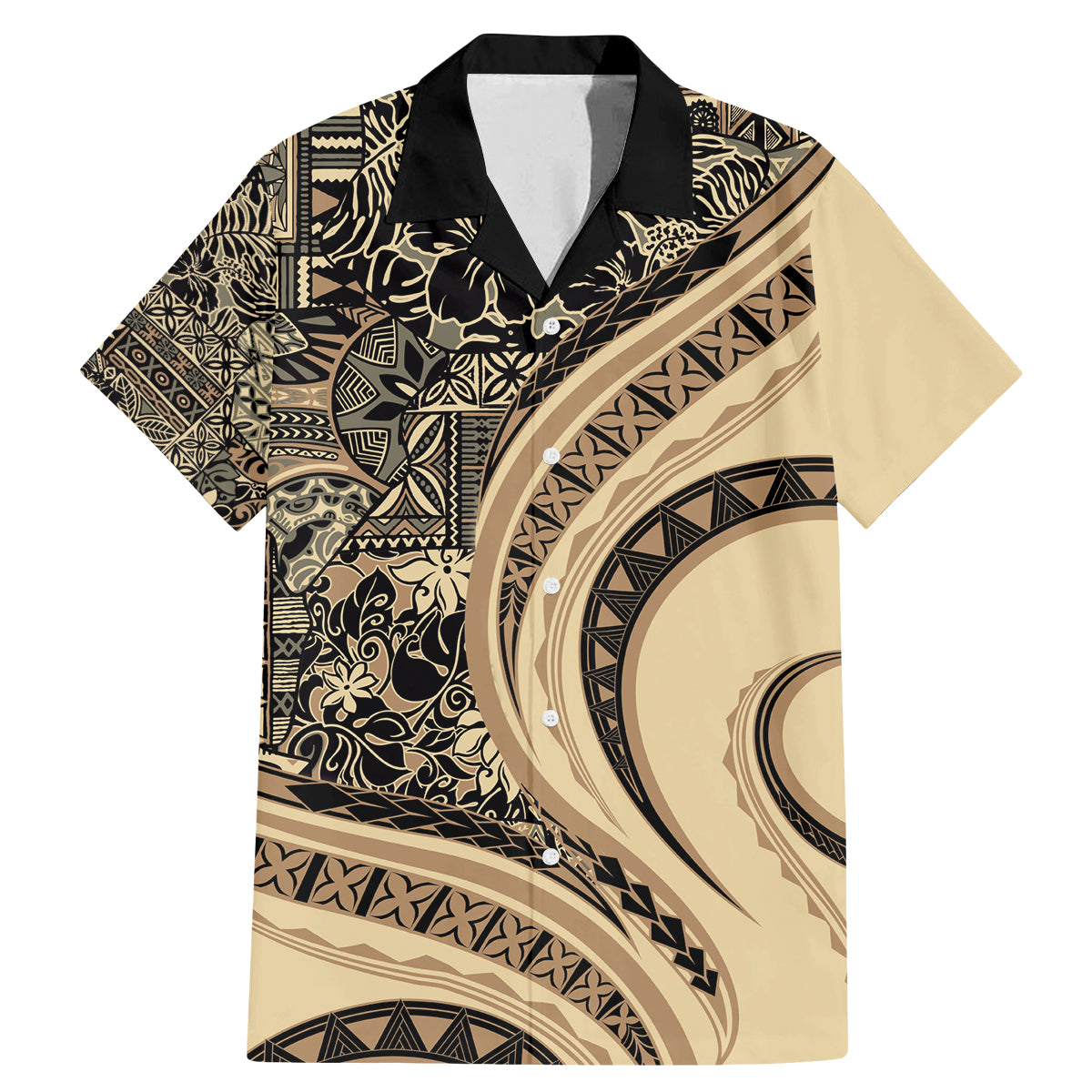 Hawaiian Hibiscus Tribal Vintage Motif Family Matching Mermaid Dress and Hawaiian Shirt Ver 2 LT9 Dad's Shirt - Short Sleeve Beige - Polynesian Pride
