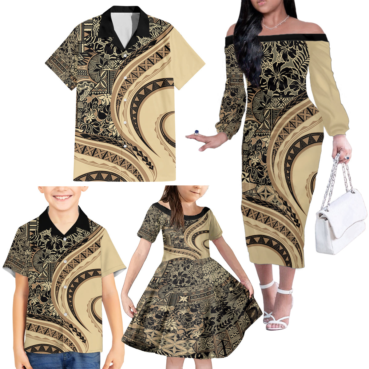 Hawaiian Hibiscus Tribal Vintage Motif Family Matching Off The Shoulder Long Sleeve Dress and Hawaiian Shirt Ver 2 LT9 - Polynesian Pride