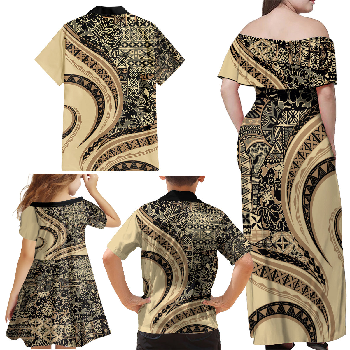 Hawaiian Hibiscus Tribal Vintage Motif Family Matching Off Shoulder Maxi Dress and Hawaiian Shirt Ver 2 LT9 - Polynesian Pride