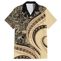 Hawaiian Hibiscus Tribal Vintage Motif Family Matching Off Shoulder Maxi Dress and Hawaiian Shirt Ver 2 LT9 Dad's Shirt - Short Sleeve Beige - Polynesian Pride