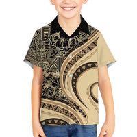 Hawaiian Hibiscus Tribal Vintage Motif Family Matching Off Shoulder Maxi Dress and Hawaiian Shirt Ver 2 LT9 Son's Shirt Beige - Polynesian Pride