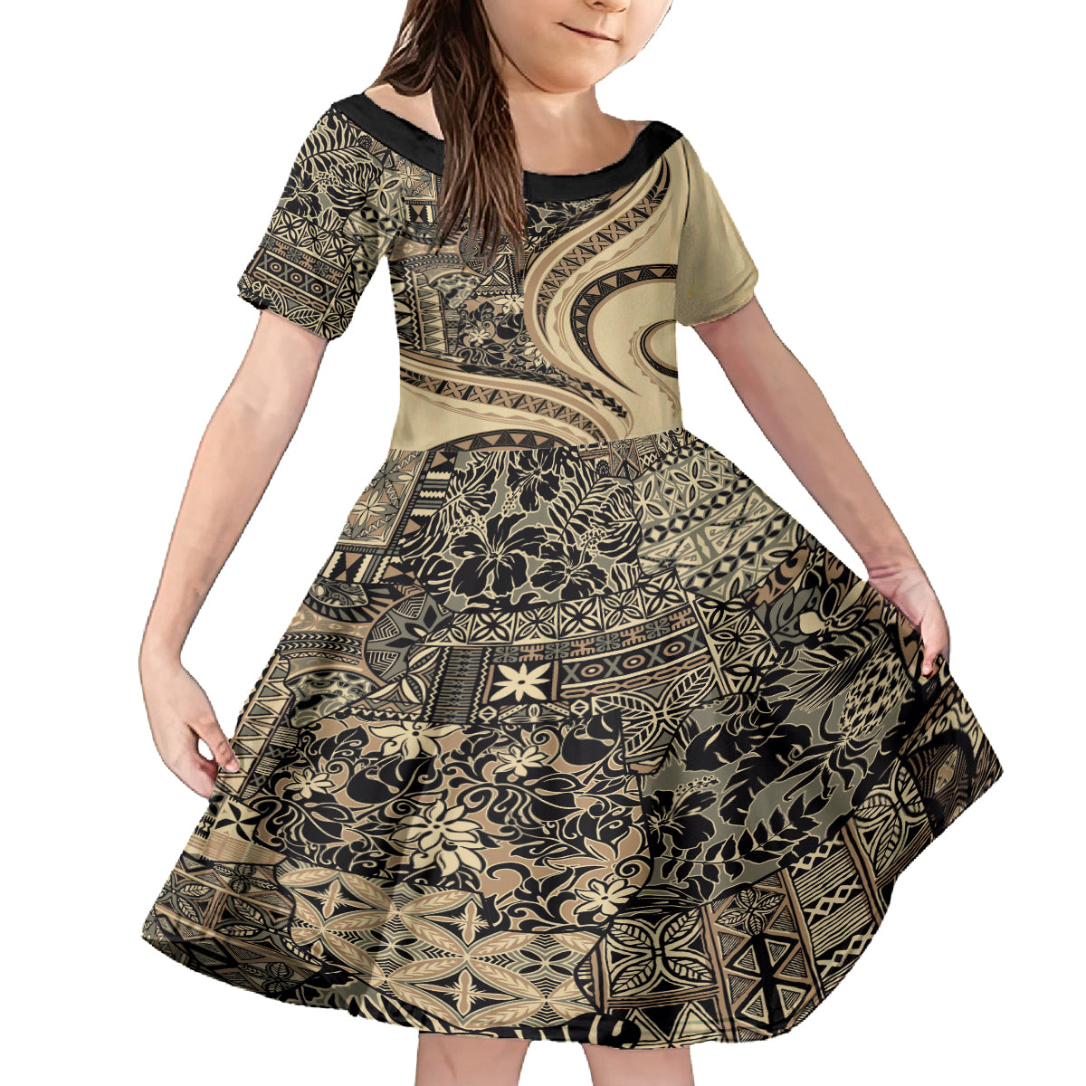 Hawaiian Hibiscus Tribal Vintage Motif Family Matching Off Shoulder Short Dress and Hawaiian Shirt Ver 2 LT9 Daughter's Dress Beige - Polynesian Pride