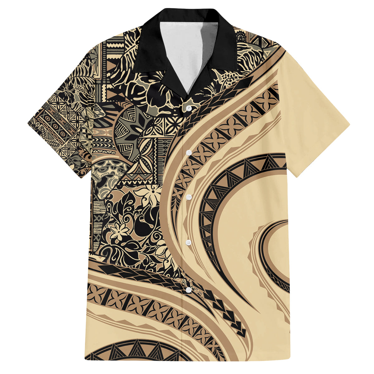 Hawaiian Hibiscus Tribal Vintage Motif Family Matching Off Shoulder Short Dress and Hawaiian Shirt Ver 2 LT9 Dad's Shirt - Short Sleeve Beige - Polynesian Pride