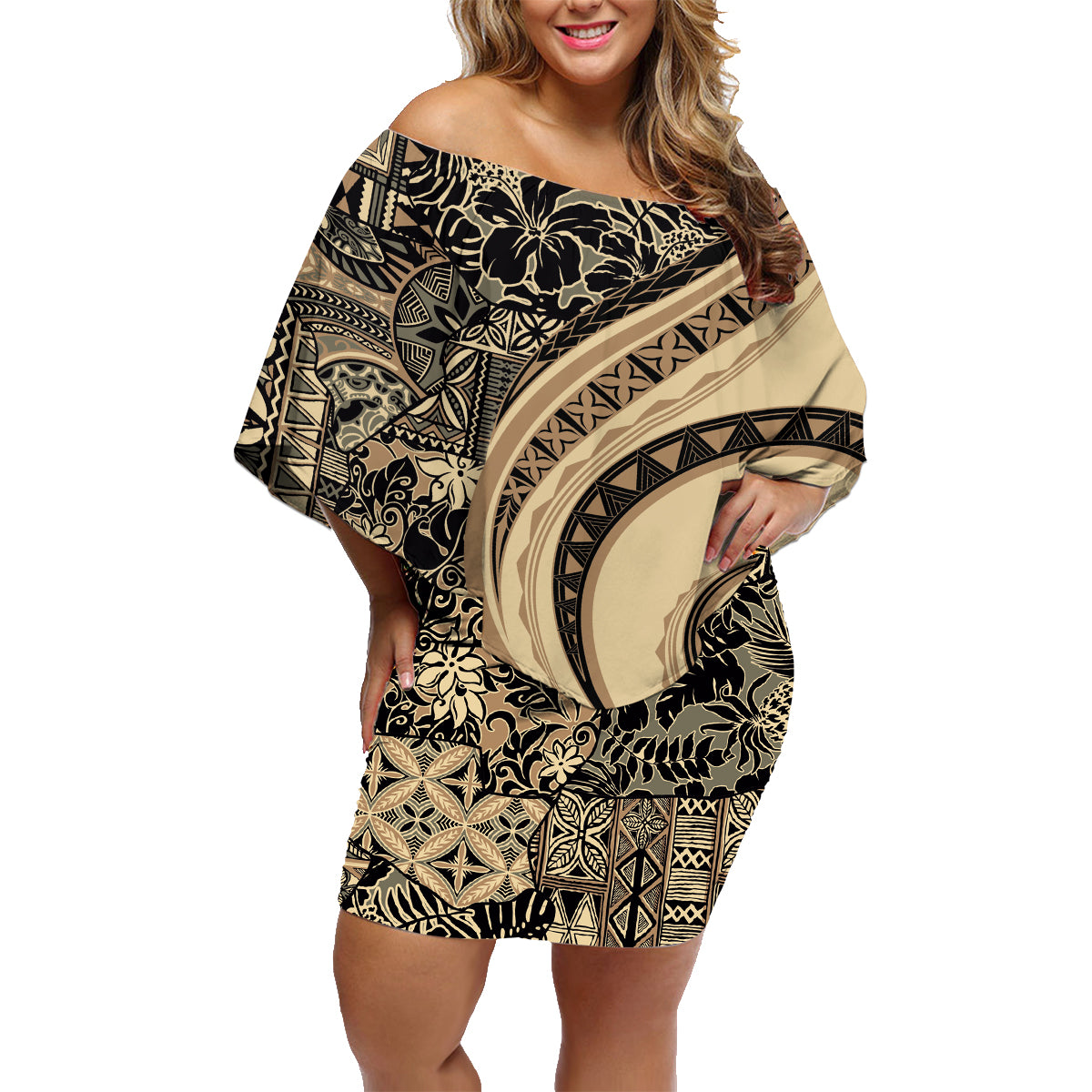 Hawaiian Hibiscus Tribal Vintage Motif Family Matching Off Shoulder Short Dress and Hawaiian Shirt Ver 2 LT9 Mom's Dress Beige - Polynesian Pride