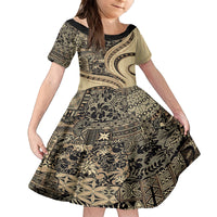 Hawaiian Hibiscus Tribal Vintage Motif Family Matching Puletasi and Hawaiian Shirt Ver 2 LT9 Daughter's Dress Beige - Polynesian Pride