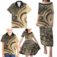 Hawaiian Hibiscus Tribal Vintage Motif Family Matching Puletasi and Hawaiian Shirt Ver 2 LT9 - Polynesian Pride